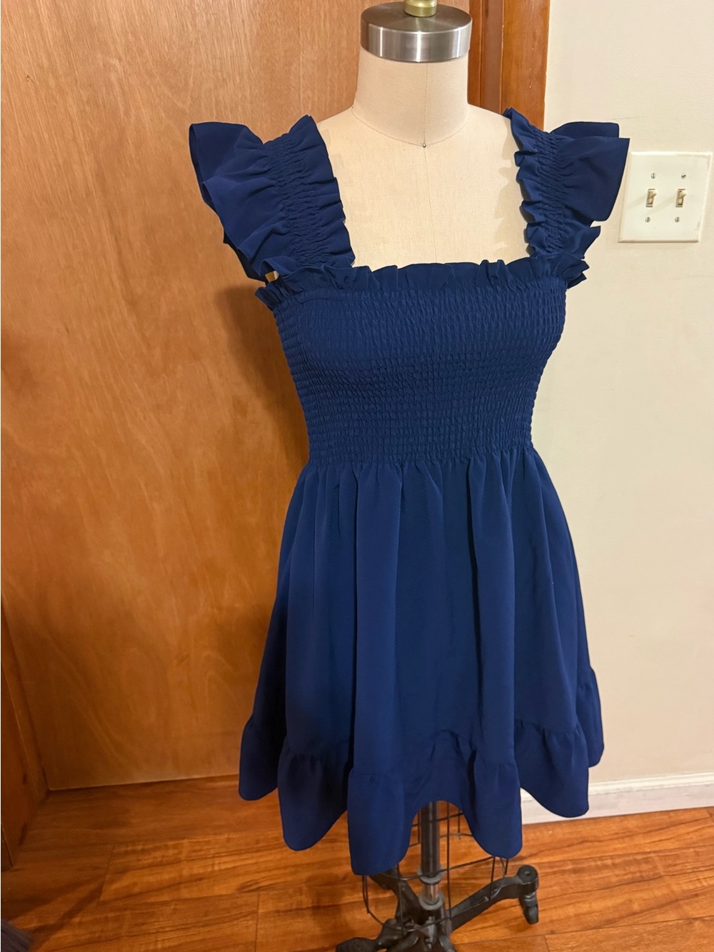 Hill House Navy Blue Ruffle Strap Mini Dress